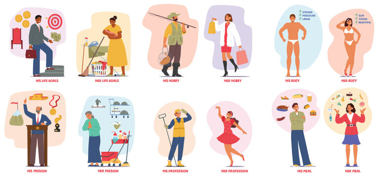 Gender role social stereotypes in profession, hobby activities, daily occupation in people life set