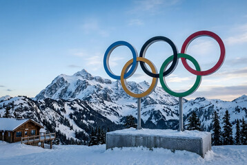 Olympic Rings Monument in Snowy Mountain Landscape with Log Cabin Keywords: olympic rings, monument
