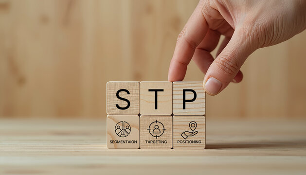 Segmentaion, targeting, positioning .STP Marketing Model. Wooden blocks with STP icons. Identify different customer groups, select groups to prioritize, and create brand&rsquo;s unique value proposition.