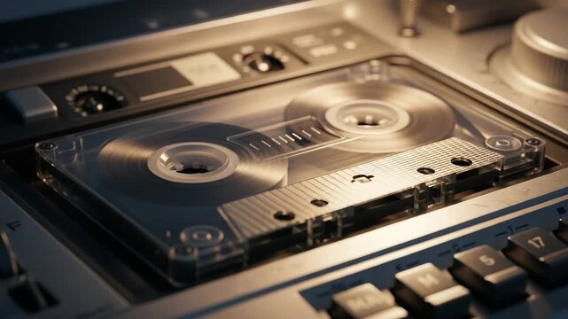 Cassette tape spinning in player on audio equipment close-up  