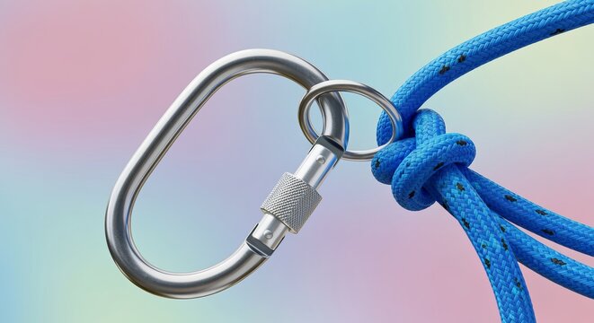 Reliable Snap Hook Fastens Bright Blue Rope, Ideal Tool for Secure Outdoor Adventures