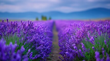 Obraz premium Vast lavender field with mountainous backdrop on a cloudy day.