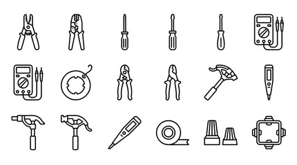 Fototapeta premium Vector Set of Professional Electrical Wiring and Maintenance Tool Line Icons Featuring Multimeter, Wire Stripper, Screwdriver, Crimper, Voltage Tester, and Electrical Tape for Repair Projects.