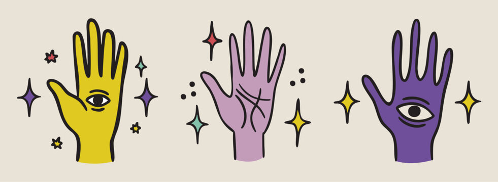 Three witch hands set, palm with eye, palm with eye, palm with fate lines, boho mystical witchy hand drawn style