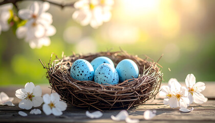 Obraz premium Easter eggs in a nest surrounded by blooming flowers.
