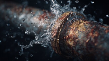 Water Pipe Explosion Flooding Empty Street at Night. Night Road Flood from Underground Pipe Burst