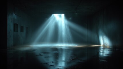 Naklejka premium Dark Basement with Ceiling Leak and Dramatic Light Beams. Indoor Water Leak Creating Reflective Puddles