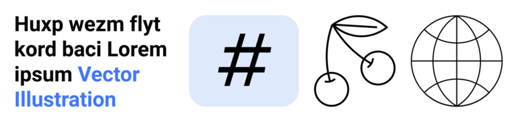 Obraz premium metadata tag in a blue square, outlined cherries, and globe icon in black with placeholder text. Ideal for modern branding, social media, globalization, simplicity, minimalism, innovation simple