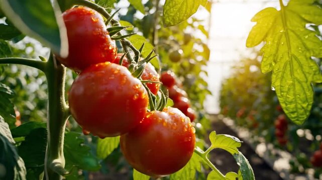 Close-up of ripe tomatoes on vine with droplets, lush green leaves, and sunlight in greenhouse