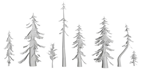 Fototapeta premium A set of low poly spruce trees with needle-like details stands animated on a pure white background. The geometric design creates a lively and dynamic digital scene.