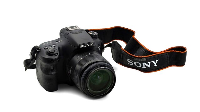 Photo of a black Sony Alpha SLT-A58 digital camera with an 18-55mm zoom lens, a solid and affordable entry-to-mid-range interchangeable-lens camera.