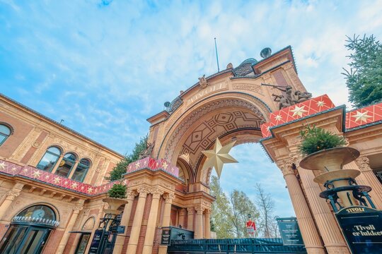 Main Entrance of Tivoli Gardens with Christmas Star in Copenhagen
