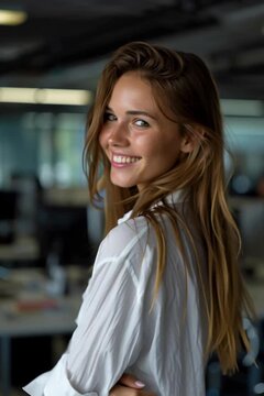 smiling professional woman in corporate setting with copy space, friendly businesswoman headshot for linkedin profile, happy female professional portrait with clean background