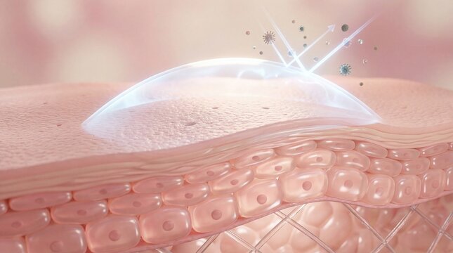 Cross-section of skin highlighting healthy moisture barrier with glowing shield effect protecting against external elements and environmental stressors