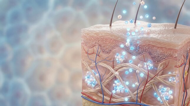 Anatomical illustration of human skin featuring blood vessels and layers to highlight the complex structure and function of skin tissue