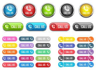 Fototapeta premium Various colorful buttons with the words Call Us and telephone handset symbol