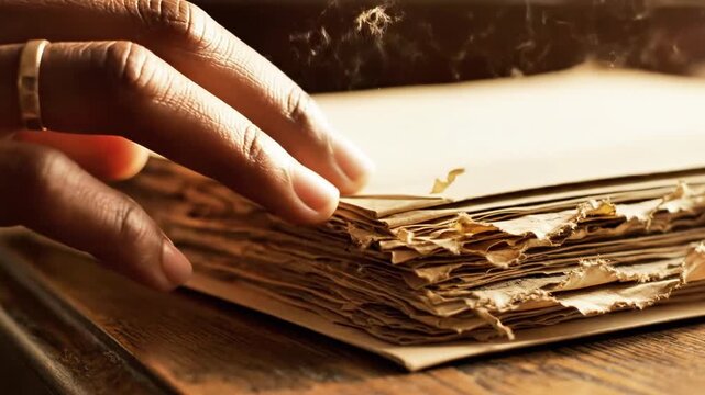 A person's hand with a gold ring on their finger rests on a stack of old, yellowed papers on a wooden surface