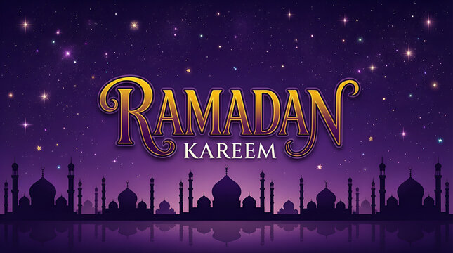 Ramadan kareem greeting card with mosque silhouette at night starry sky and purple gradient background conveying spirituality and festivity