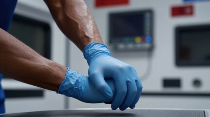 Obraz premium Paramedic Prepares for Emergency, Donning Sterile Gloves Inside Ambulance, Ready for Urgent Medical Care