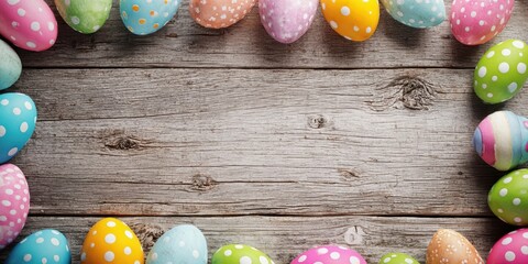 The Easter eggs arranged in a colorful border on rustic wooden table