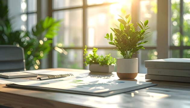 Escritorio moderno con plantas y luz natural junto a ventana, concepto de bienestar, productividad y trabajo sostenible