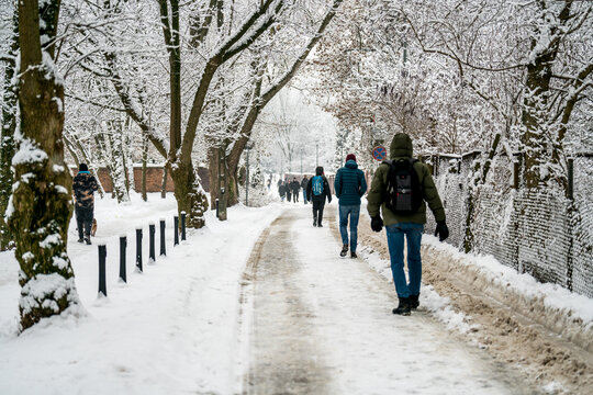 Winter in Poland, heavy snow on streets and pavements 