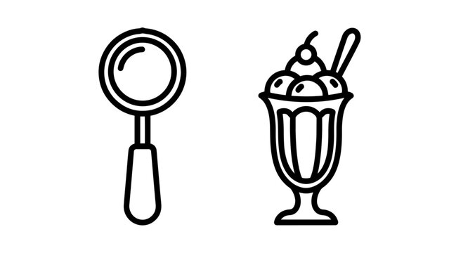 Line art icons of a magnifying glass and ice cream sundae, representing search and dessert