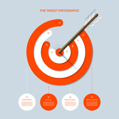 Vector target infographic multi-layered bullseye design template with 4 colorful concentric rings and an arrow hitting the center. Each ring includes numbered steps, icons and matching text boxes.