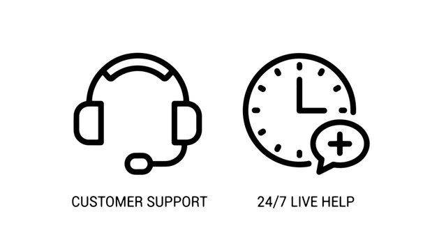 Customer support and 24/7 live help icons: headset and clock with chat bubble, for assistance and service