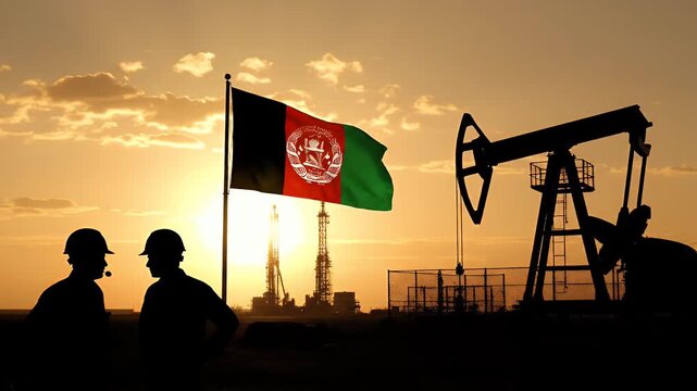 Afghanistan Flag over Silhouetted Oil Workers and Pumping Rigs at Sunset
