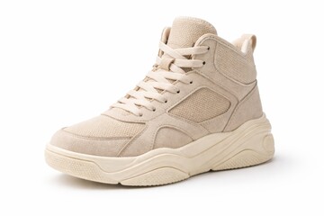 Beige womens high top basketball shoe with suede and mesh panels tone on tone stitching clean unbranded design studio photo isolated on white