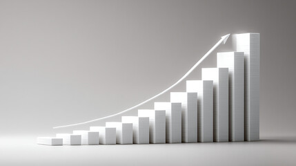 A 3D bar graph with a rising trend line and arrow pointing upwards on a gray background