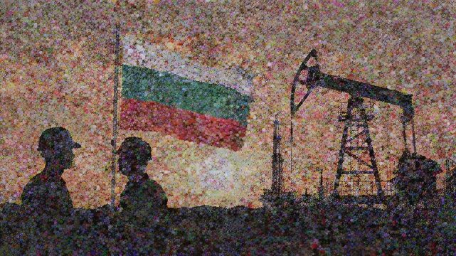 Bulgaria Oil Industry with Workers and Flag at Sunset