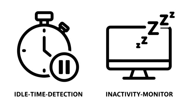Idle time detection stopwatch with pause symbol and inactivity monitor computer icon with Zzzs, representing computer efficiency and time tracking.