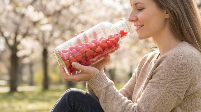 Woman and Red Hearts Valentine Love Concept Outdoor Lifestyle