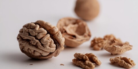 Obraz premium The Walnuts Closeup Showing Shelled Kernels and Textured Shells on White Surface