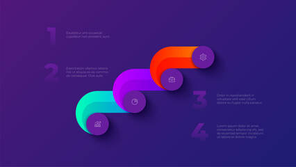 Fototapeta premium Four steps curved arrow process infographic with circular elements on dark gradient background for business strategy