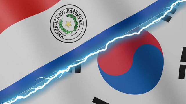 Two waving flags Paraguay and South Korea with diagonal lightning seamless, 4k loop