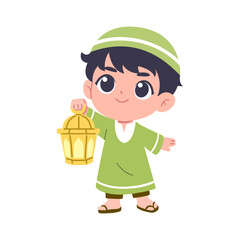 illustration of  a cute muslim boy hold lantern