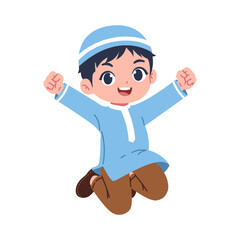 illustration of a cute muslim boy jumping and happy