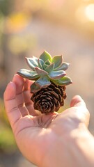 Succulent and Pine Cone Held in Hand in Sunlight.