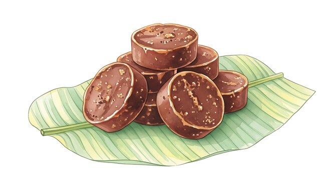 Traditional Palm Sugar (Gula Melaka) Cakes on Banana Leaf Watercolor Illustration