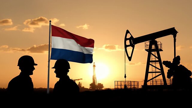 Netherlands Oil Industry Silhouette Pump Jacks and Workers at Golden Sunset