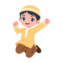 illustration of a cute muslim boy jumping and happy