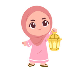 illustration of a cute hijab girl hold lantern