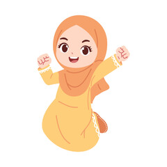 illustration of a cute hijab girl jump and happy