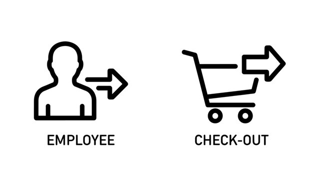 User and online shopping checkout icons, symbolizing employee actions and the e-commerce purchase process with directional arrows.