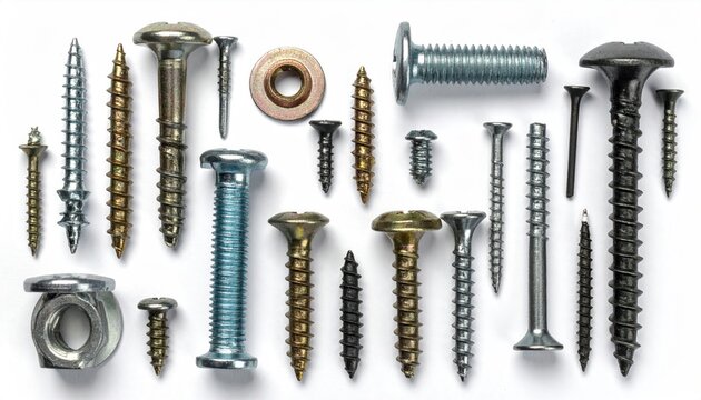 Assortment of Screws and Fasteners on White Background.