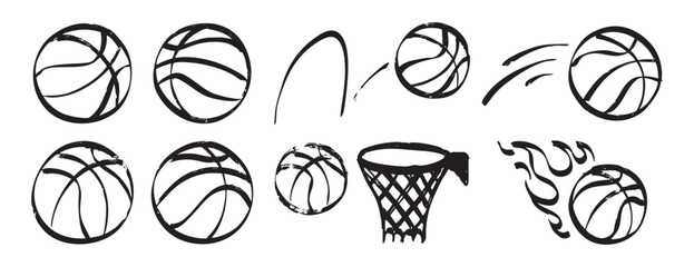 HandDrawn Basketball Doodles With Playful Crayon Charm, Varied Ball Sizes, Looping Motion Arcs And Simple Hoop Sketches Create Whimsical, Joyful Scene Perfect For Kids Designs, Stationery And Casual © Yanka