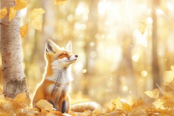 Obraz premium Adorable fox cub in autumn leaves with sunlit bokeh background